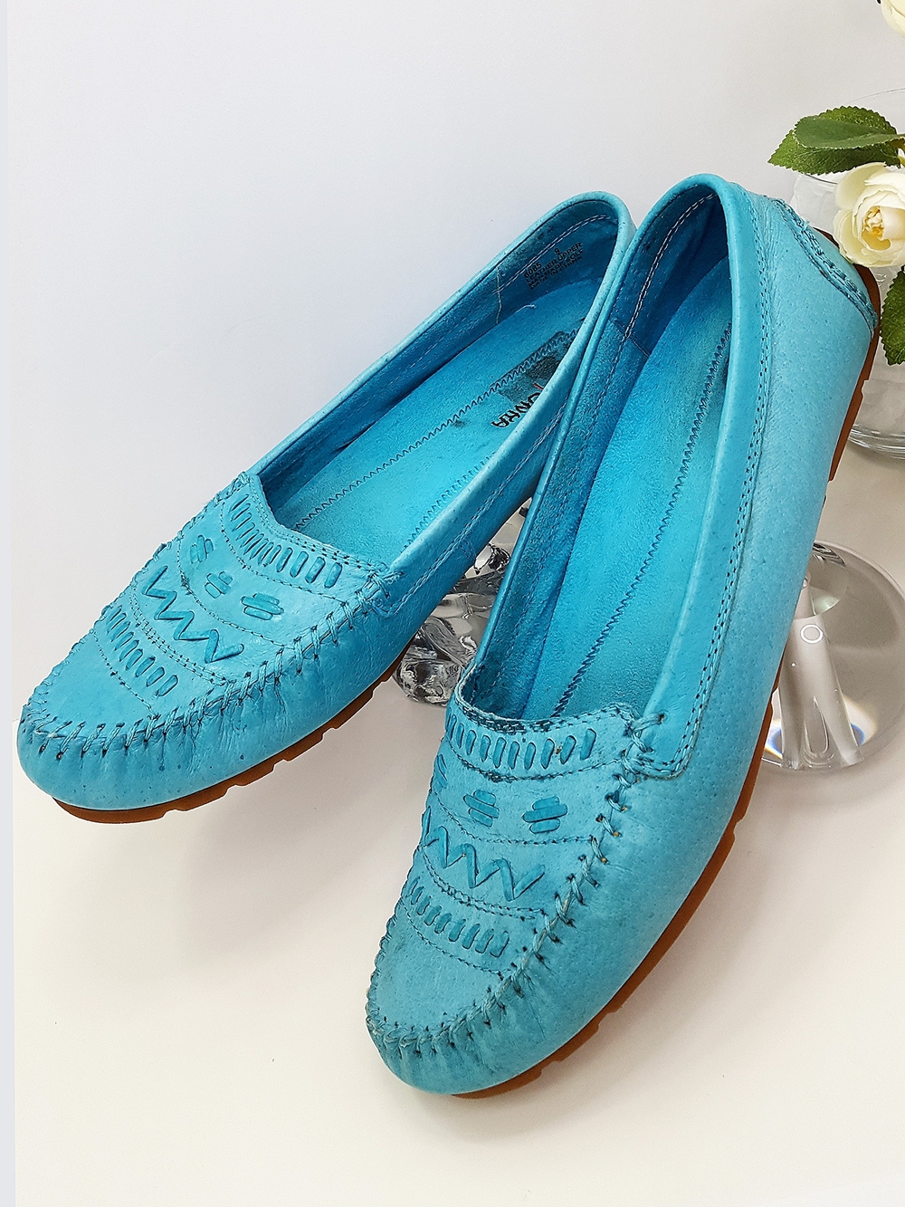 Vtg Minnetonka💎 Turquoise Leather Suede Loafers Moccasins W/ Stitch Toe
